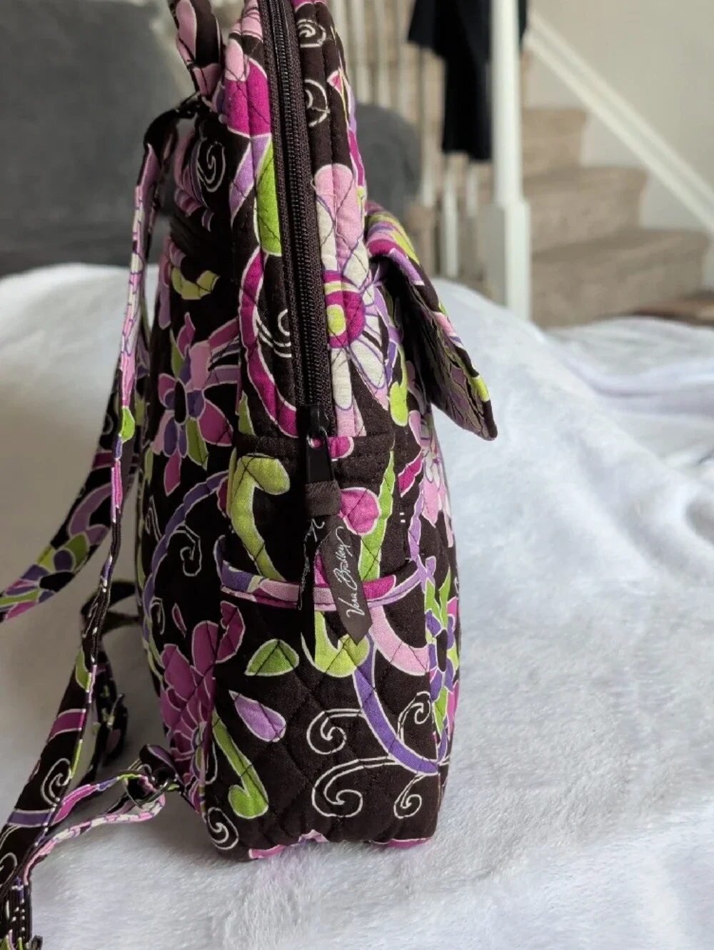 Vera Bradley Quilted Floral Backpack in Brown, Pink & Green